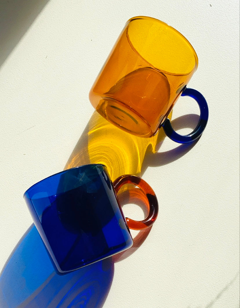 Blue and orange borosilicate glass mug