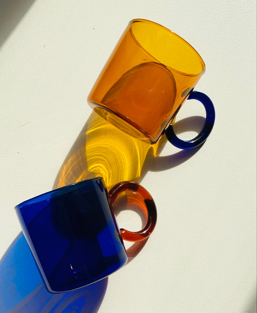 Blue and orange borosilicate glass mug